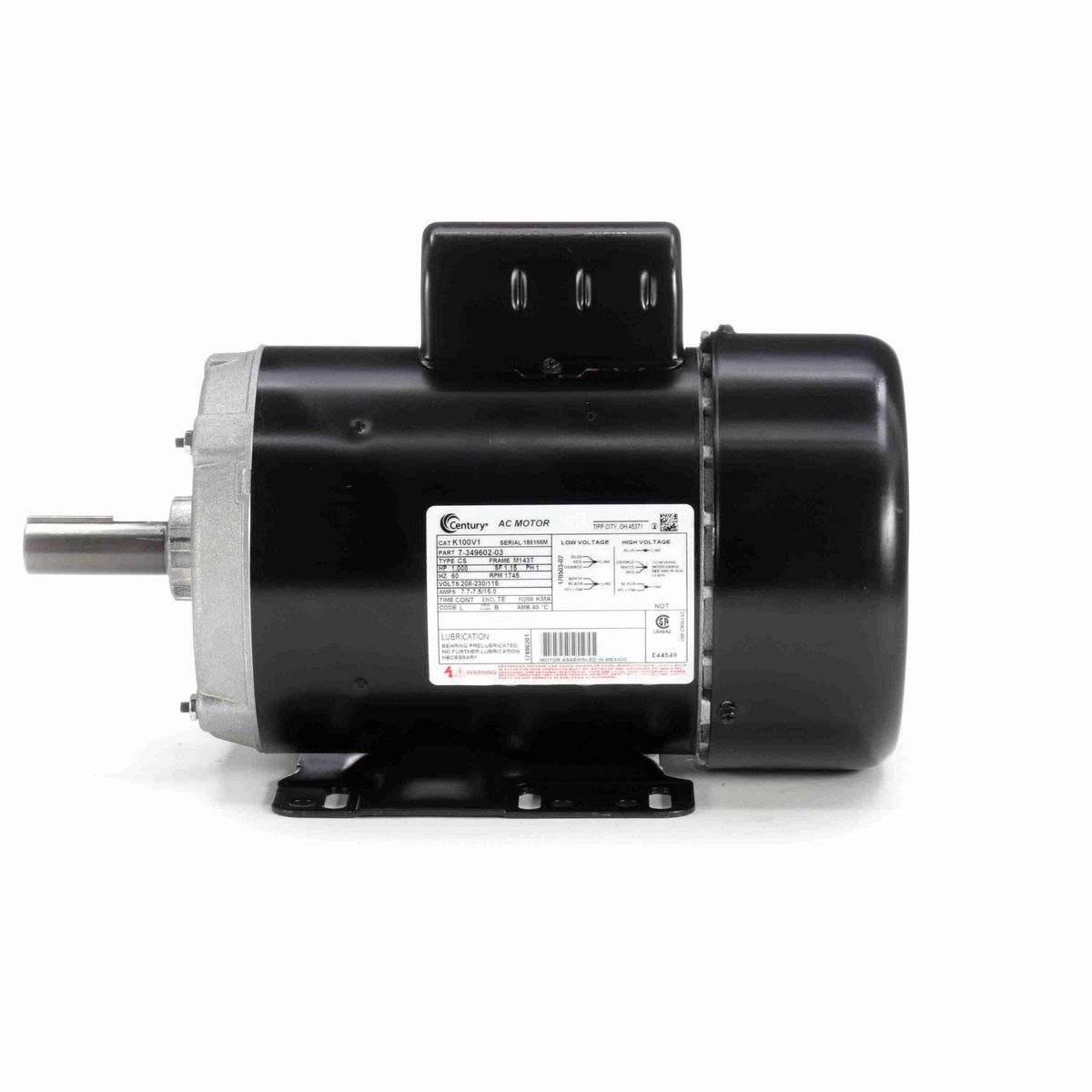Century General Purpose Motor, 1.000 HP, 1 Ph, 60 Hz, 208-230/115 V, 1800 RPM, M143T Frame, TEFC - K100V1