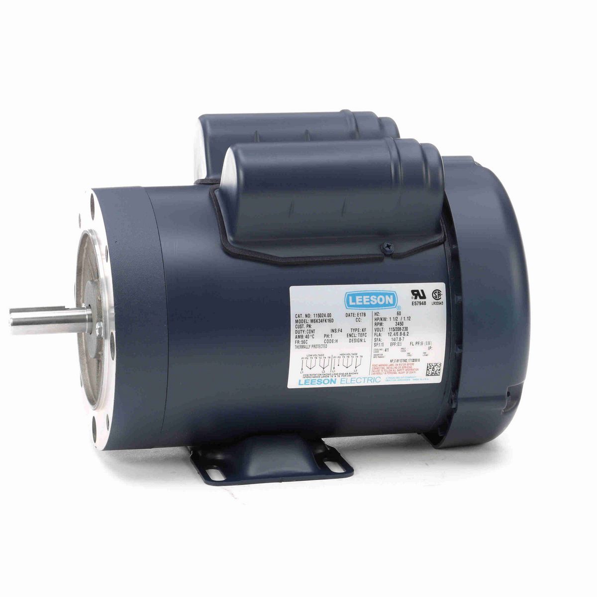 LEESON General Purpose Motor, 1.50 HP, 1 Ph, 60 Hz, 115/230 V, 3600 RPM, 56C Frame, TEFC - 115024.00