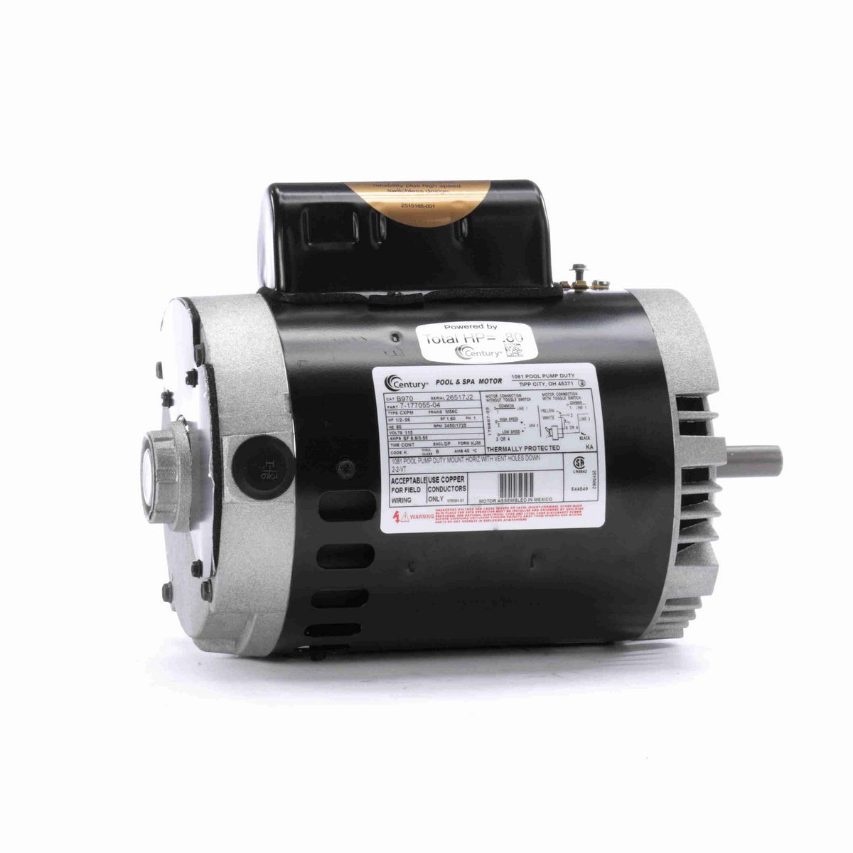 Century Pool Pump Motor, 1/2-.06 HP, 1 Ph, 60 Hz, 115 V, 3600 RPM, M56C Frame, DP - B970