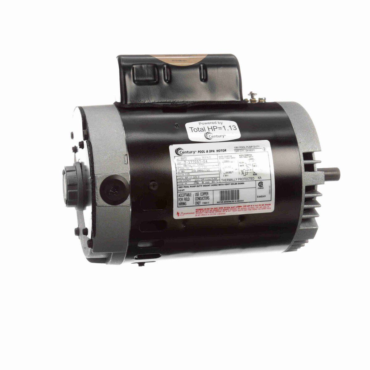 Century Pool Pump Motor, 3/4-.10 HP, 1 Ph, 60 Hz, 115 V, 3600 RPM, M56C Frame, DP - B972