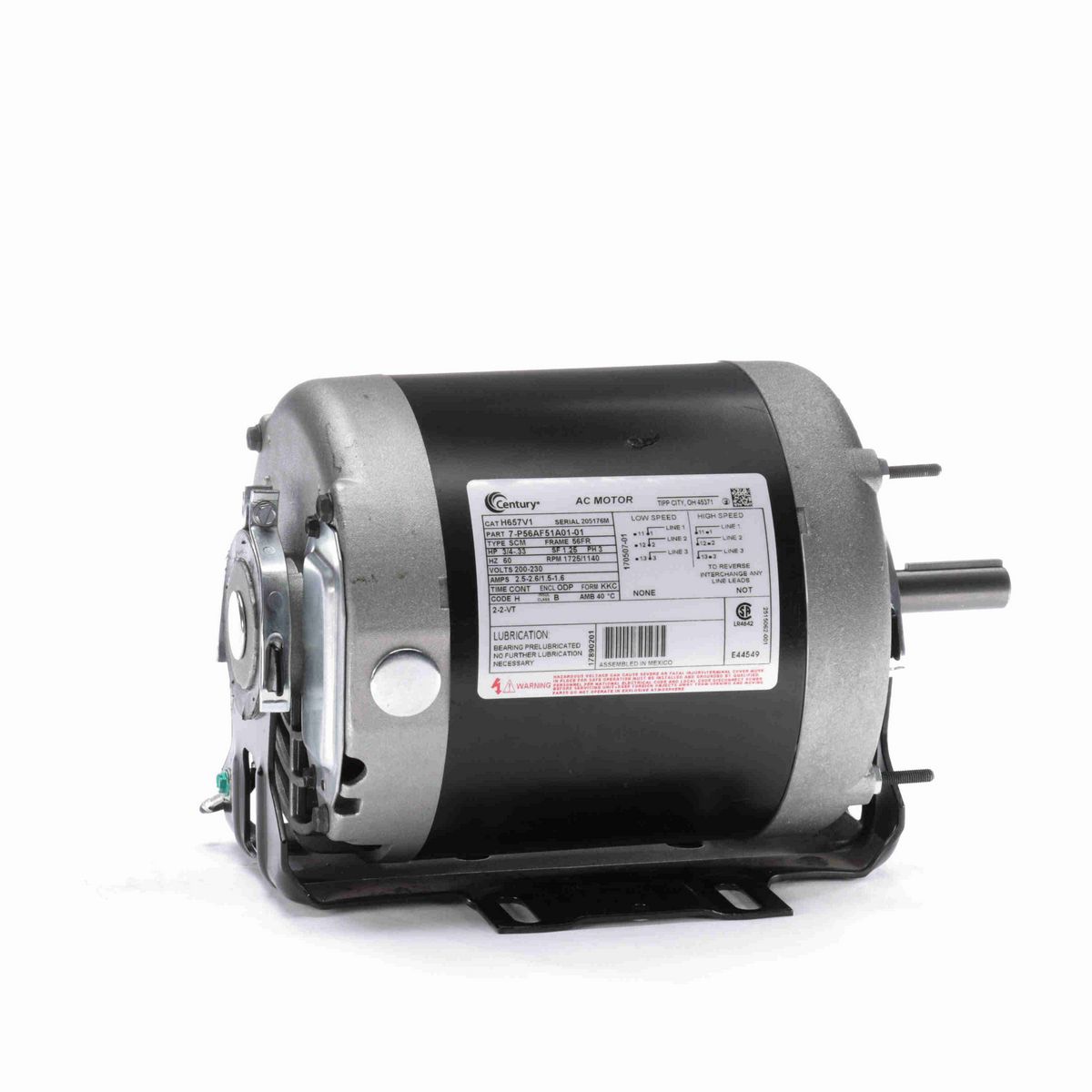 Century Fan and Blower Motor, 3/4-.33 HP, 3 Ph, 60 Hz, 200-230 V, 1800 RPM, 56 Frame, ODP - H657V1