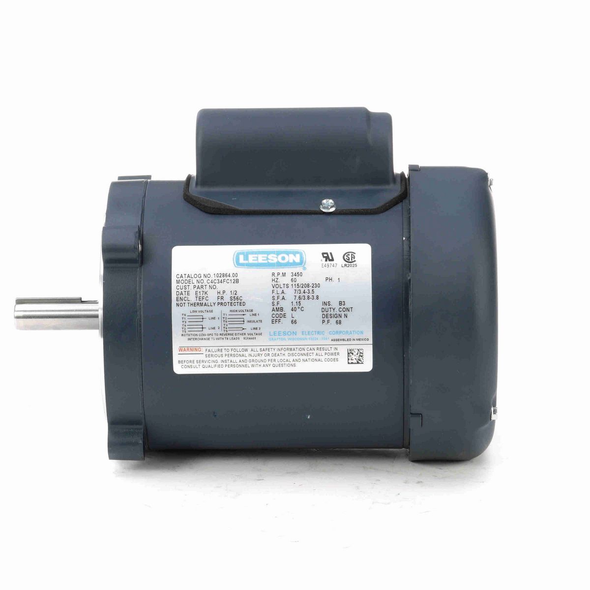 LEESON General Purpose Motor, 0.50 HP, 1 Ph, 60 Hz, 115/230 V, 3600 RPM, S56C Frame, TEFC - 102864.00