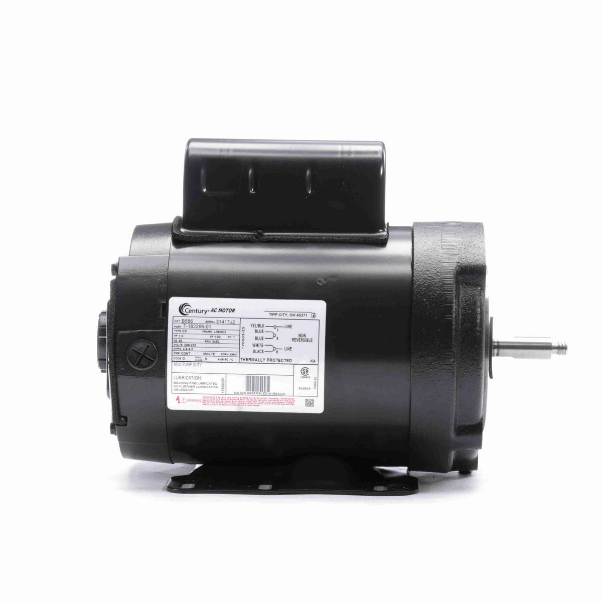 Century General Purpose Farm Duty Motor, 1.0 HP, 1 Ph, 60 Hz, 208-230 V, 3600 RPM, L56HCZ Frame, TENV - B586