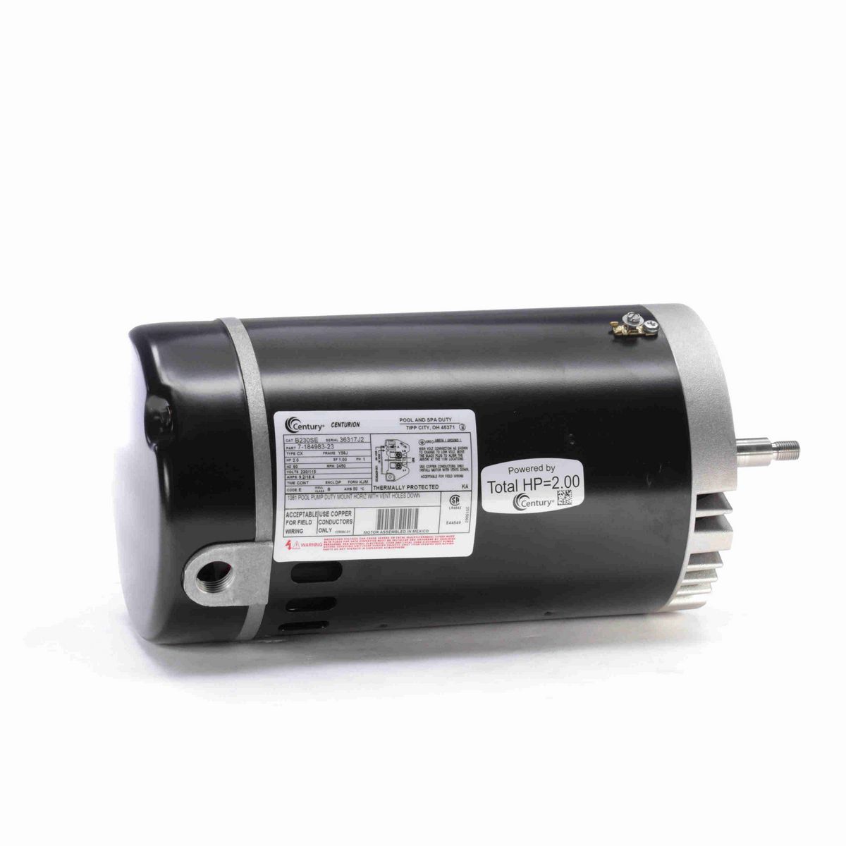 Century Pool Pump Motor, 2.0 HP, 1 Ph, 60 Hz, 230/115 V, 3600 RPM, Y56J Frame, DP - B230SE
