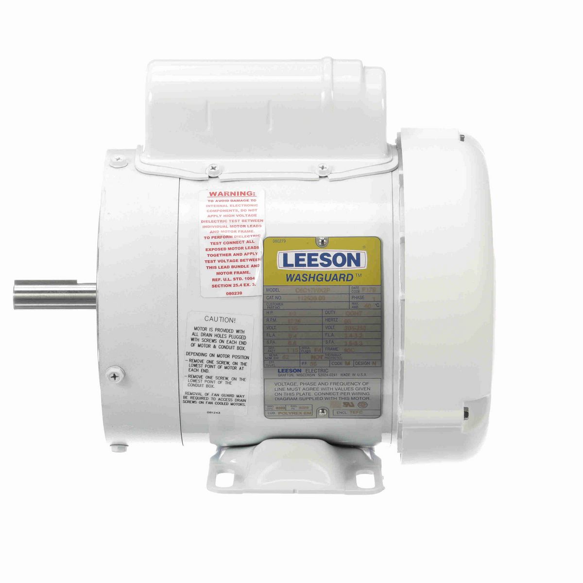 LEESON White Duck™ General Purpose Motor, 0.33 HP, 1 Ph, 60 Hz, 115/230 V, 1800 RPM, 56C Frame, TEFC - 112526.00