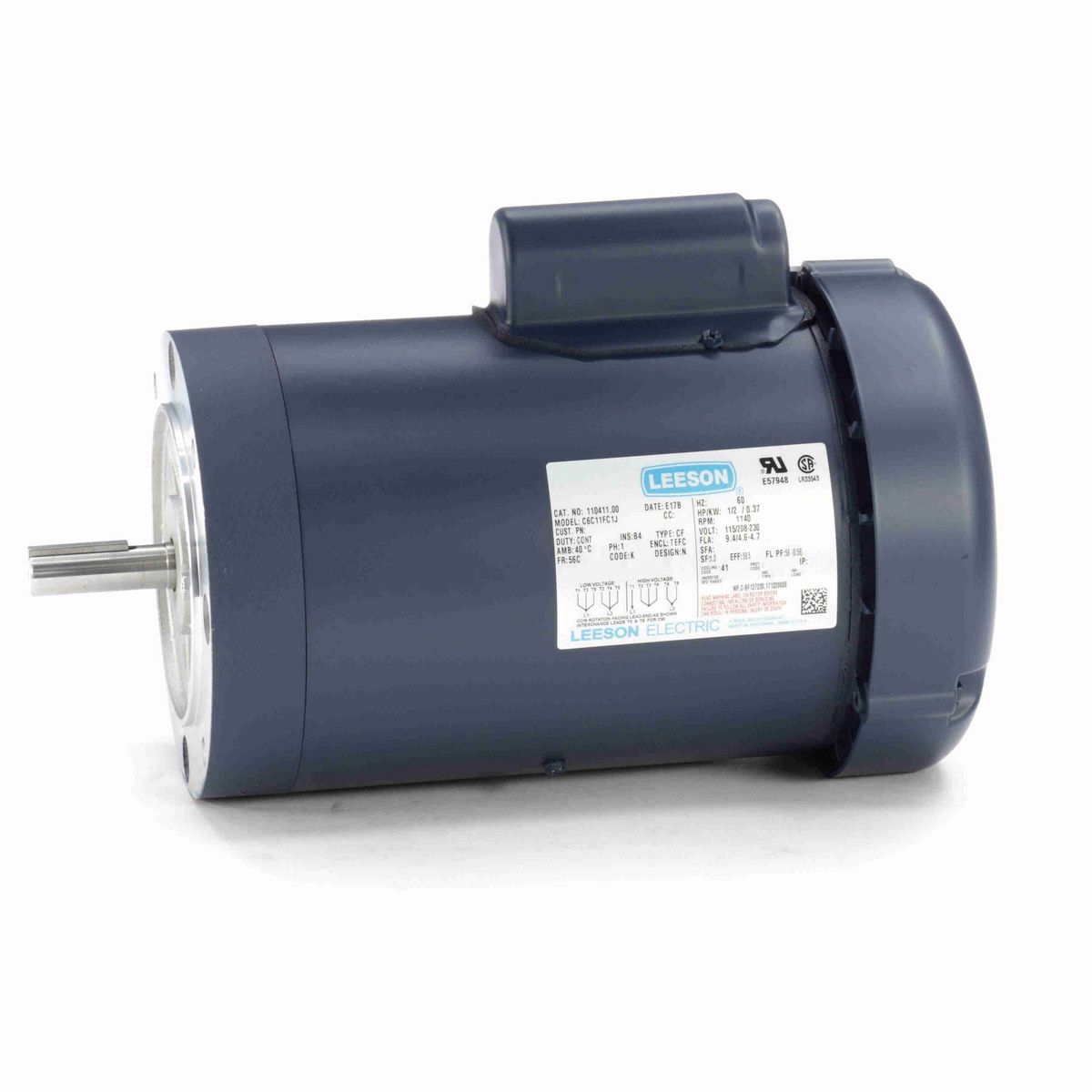 LEESON General Purpose Motor, 0.50 HP, 1 Ph, 60 Hz, 115/230 V, 1200 RPM, 56C Frame, TEFC - 110411.00