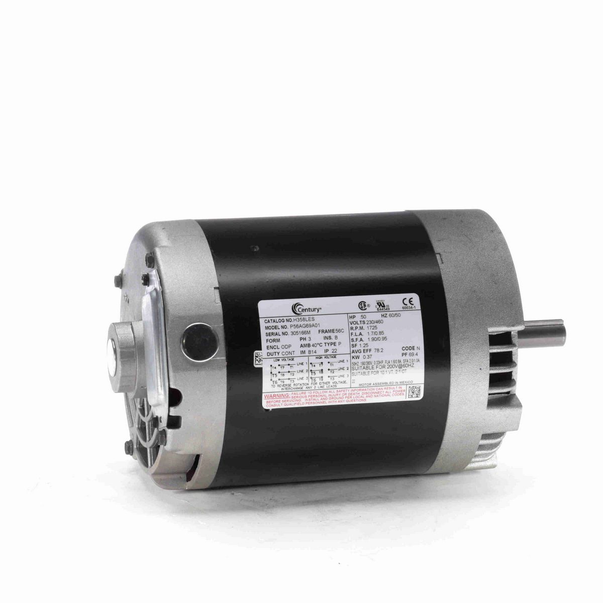 Century General Purpose Motor, .50 HP, 3 Ph, 60 Hz, 230/460 V, 1800 RPM, 56C Frame, ODP - H358LES