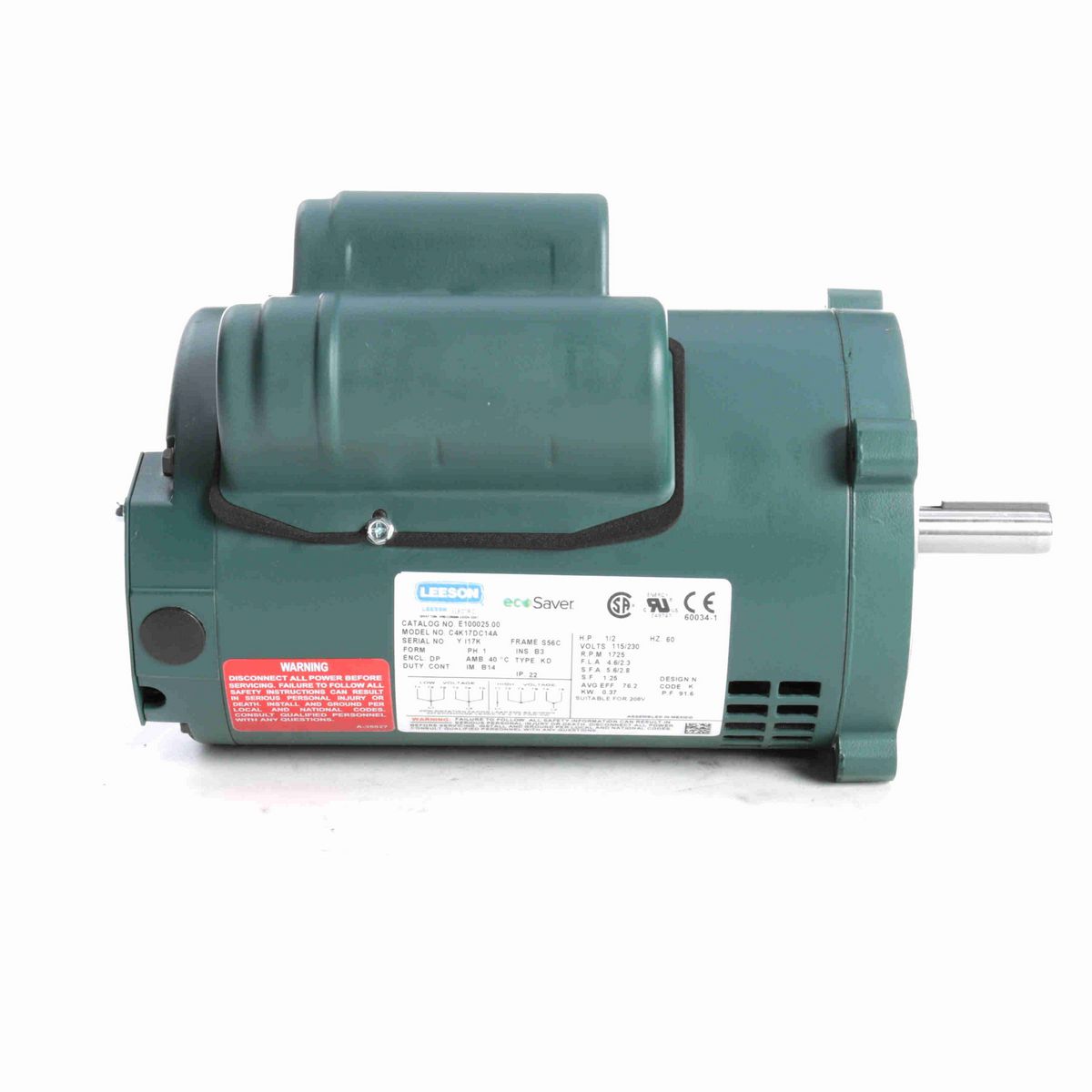 LEESON ecoSaver™ General Purpose Motor, 0.50 HP, 1 Ph, 60 Hz, 115/230 V, 1800 RPM, S56C Frame, DP - E100025.00