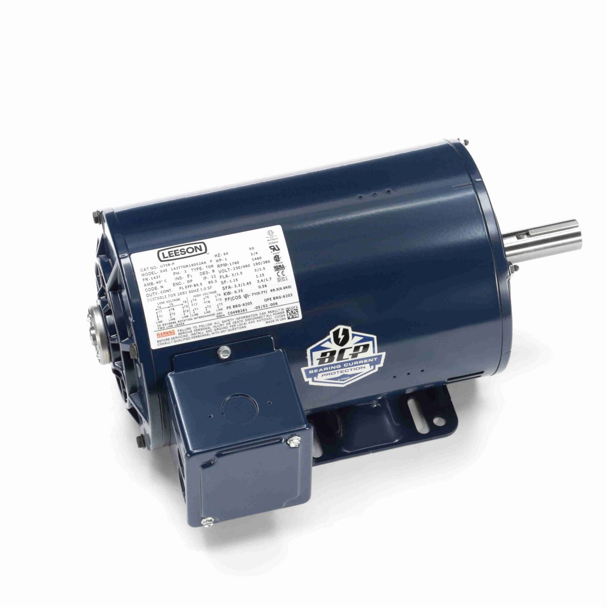 LEESON General Purpose Motor, 1 & 0.75 HP, 3 Ph, 60 & 50 Hz, 230/460 & 190/380 V, 1800 & 1500 RPM, 143T Frame, DP - U758-P