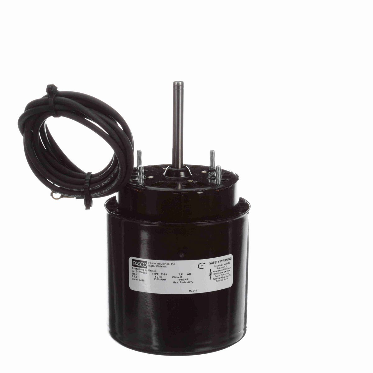 FASCO Fan and Blower Motor, 1/15 HP, 1 Ph, 60 Hz, 460 V, 1550 RPM, 1 Speed, 3.3" Diameter, OAO - D498