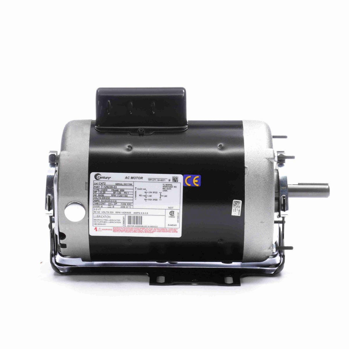 Century Fan and Blower Motor, 1.0/.28 HP, 1 Ph, 60 Hz, 208/230 V, 1800 RPM, M56 Frame, DP - C472