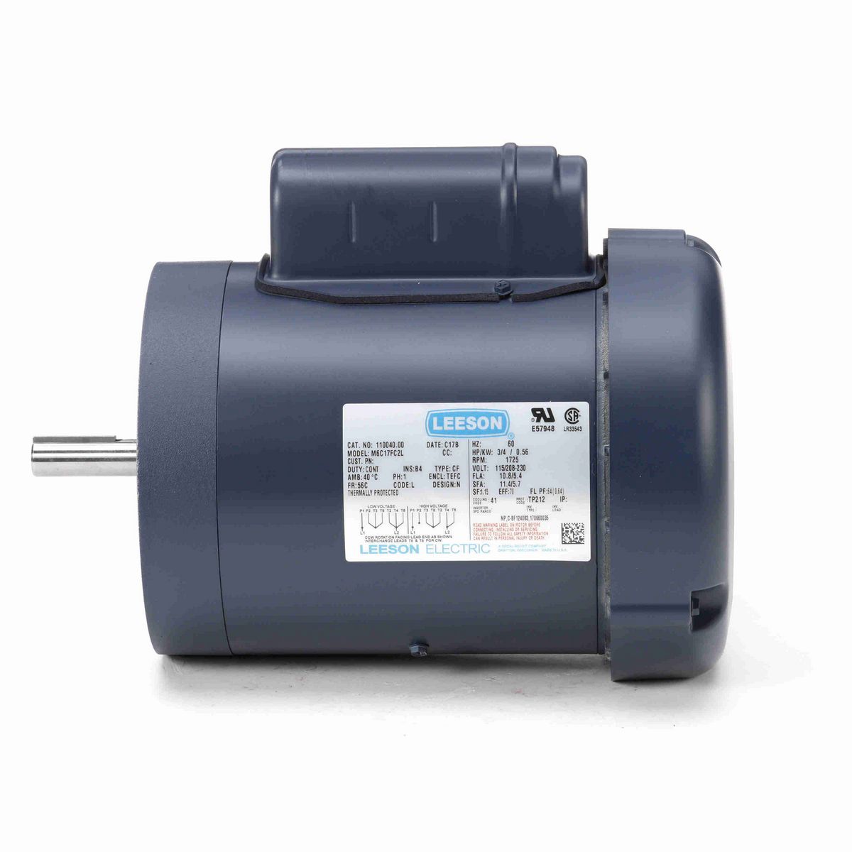 LEESON General Purpose Motor, 0.75 HP, 1 Ph, 60 Hz, 115/230 V, 1800 RPM, 56C Frame, TEFC - 110040.00