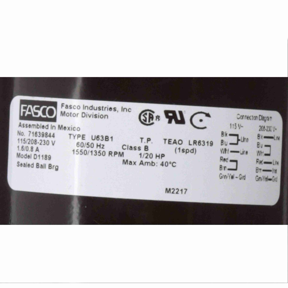 FASCO OEM Replacement Motor, 1/20 HP, 1 Ph, 60 Hz, 115/208-230 V, 1550/1350 RPM, 1 Speed, 3.3" Diameter, TEAO - D1189