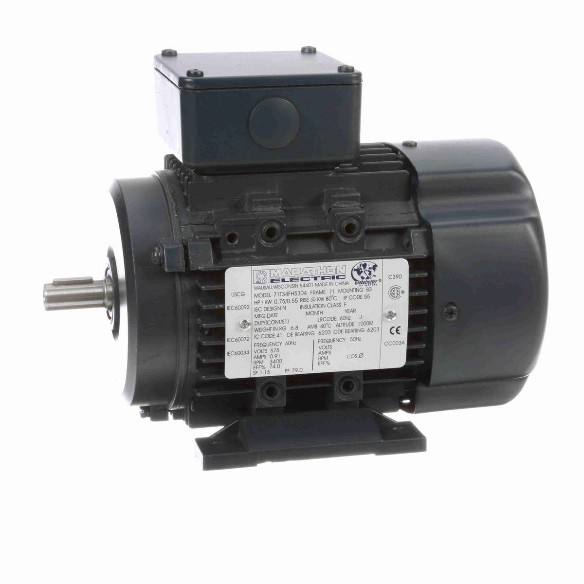 LEESON Aluminium Motor, 0.75 HP, 3 Ph, 60 Hz, 575 V, 3600 RPM, 71 Frame, TEFC - R409