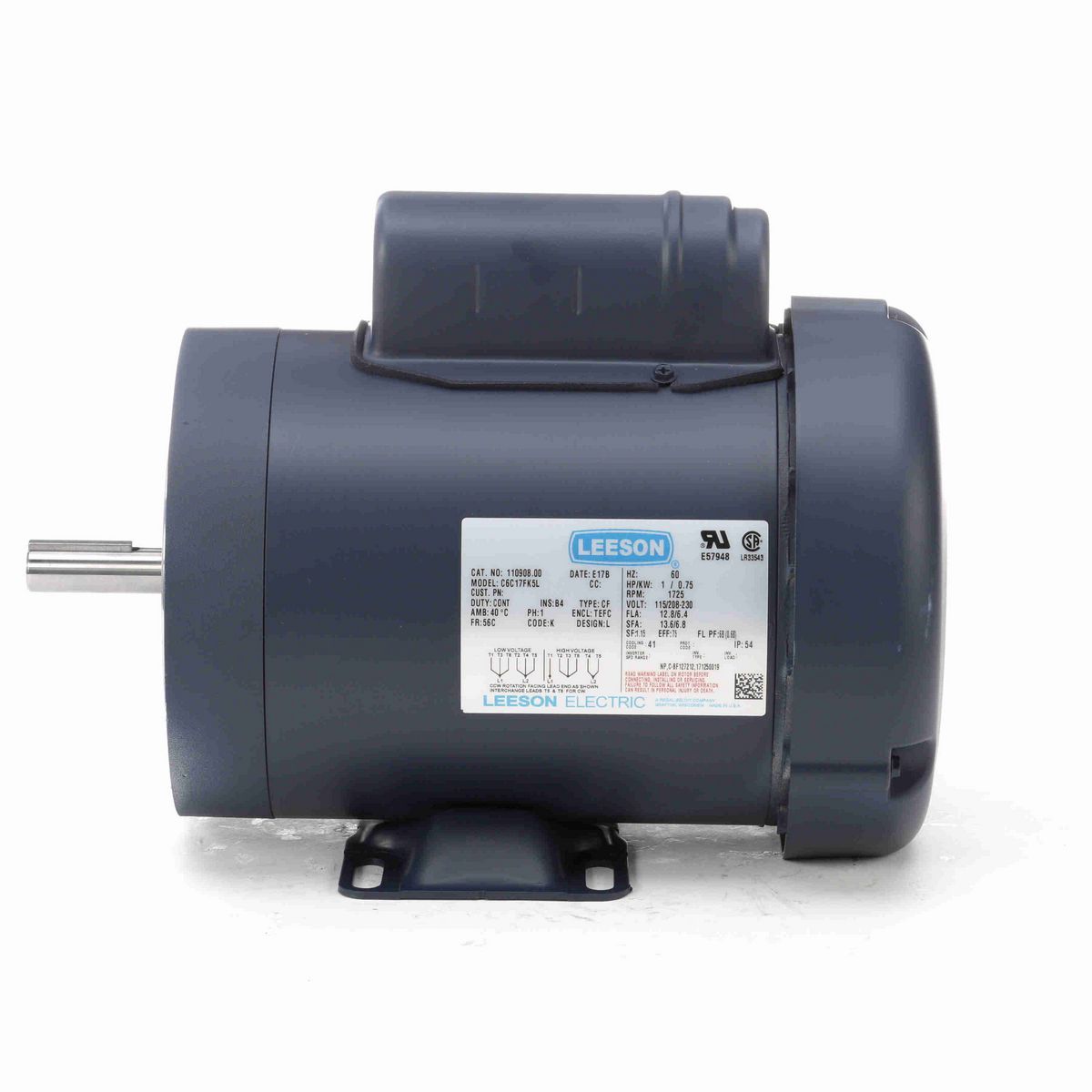 LEESON General Purpose Motor, 1 HP, 1 Ph, 60 Hz, 115/230 V, 1800 RPM, 56C Frame, TEFC - 110908.00