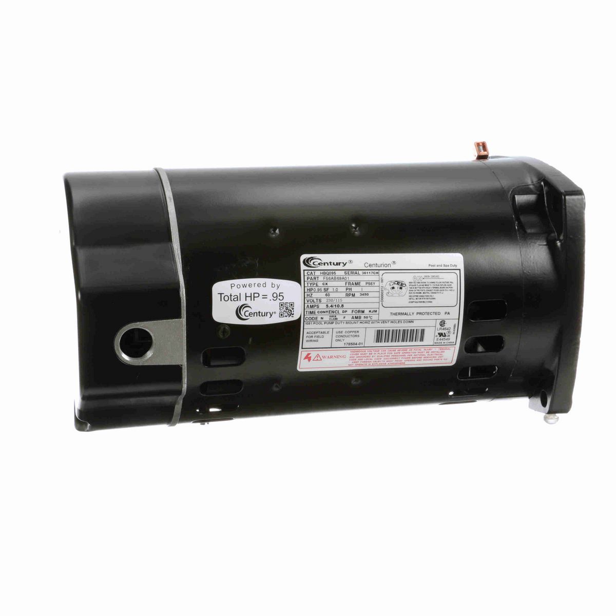 Century Pool Pump Motor, 0.95 HP, 1 Ph, 60 Hz, 230/115 V, 3600 RPM, P56Y Frame, DP - HBQ095