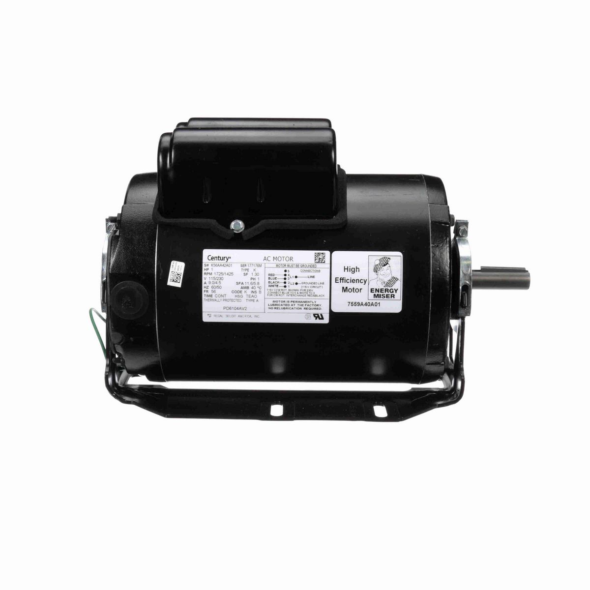 Century Poultry Fan Motor, 1 HP, 1 Ph, 60/50 Hz, 115/230 V, 1800 RPM, 56 Frame, TEAO - PD6104AV2