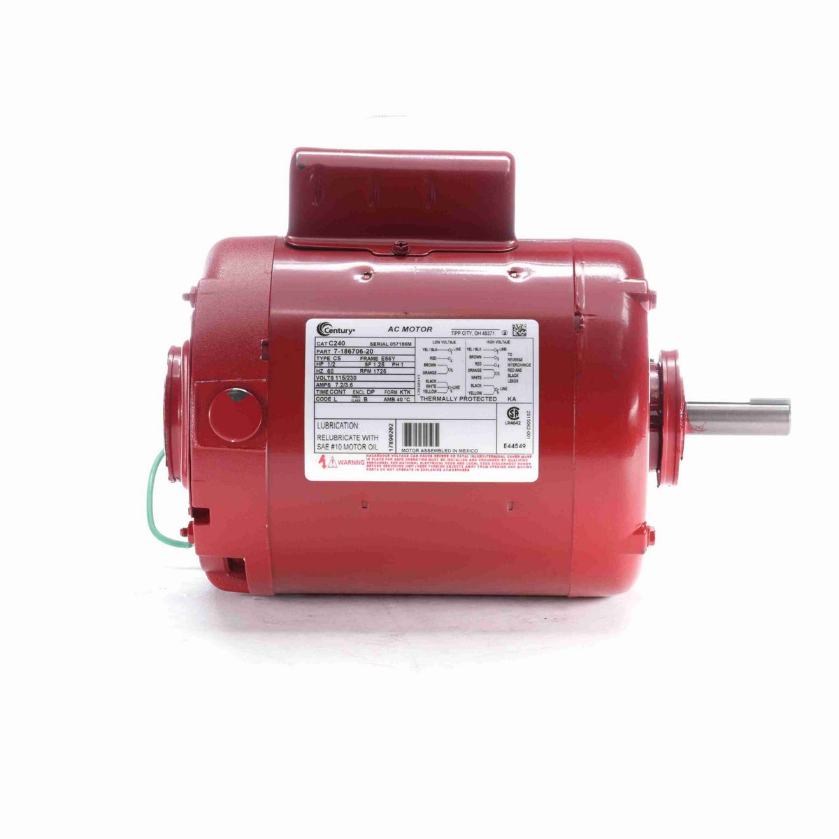 Century Circulator Pump Motor, 1/2 HP, 1 Ph, 60 Hz, 115/230 V, 1800 RPM, E56Y Frame, DP - C240