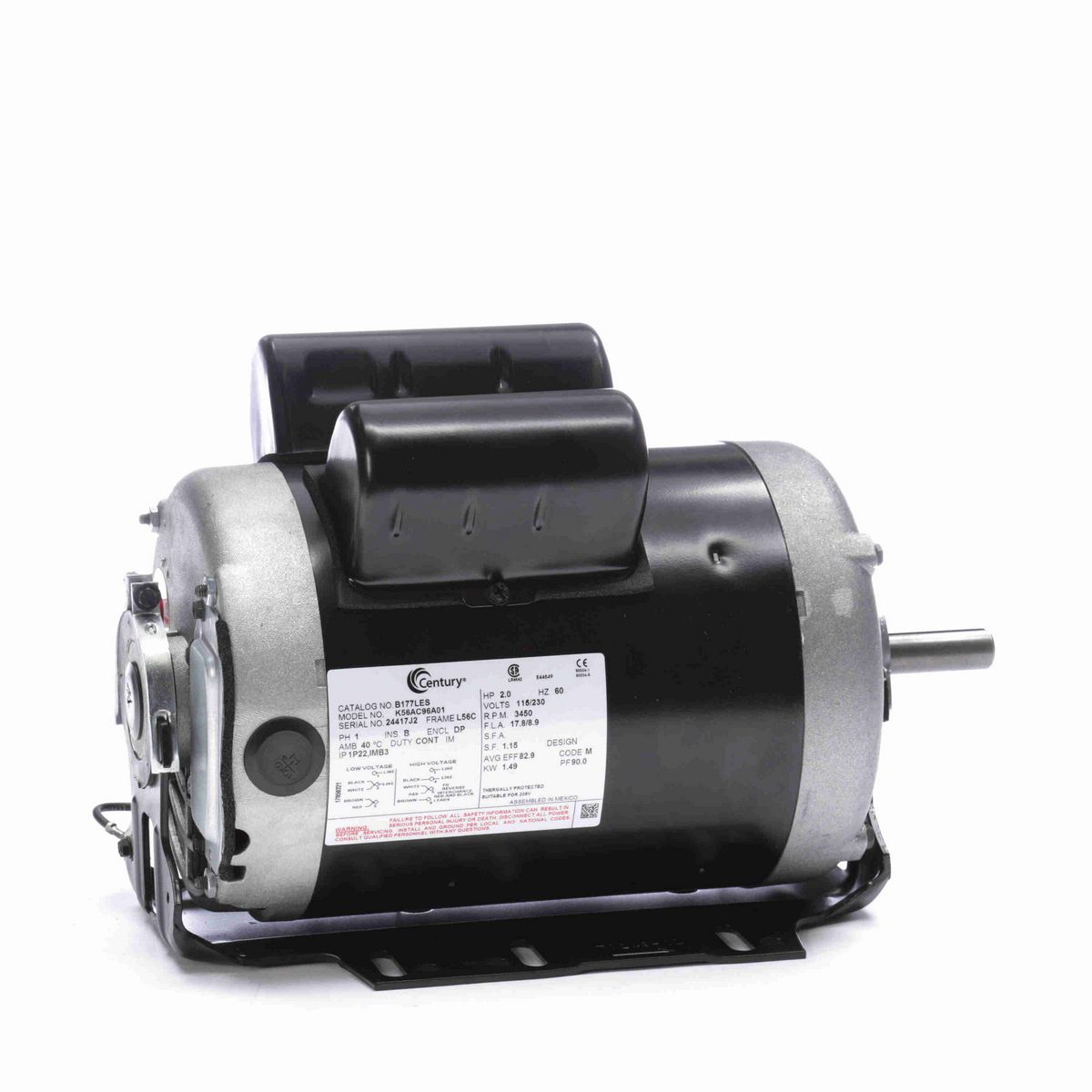 Century General Purpose Motor, 2.0 HP, 1 Ph, 60 Hz, 115/230 V, 3600 RPM, 56 Frame, DP - B177LES