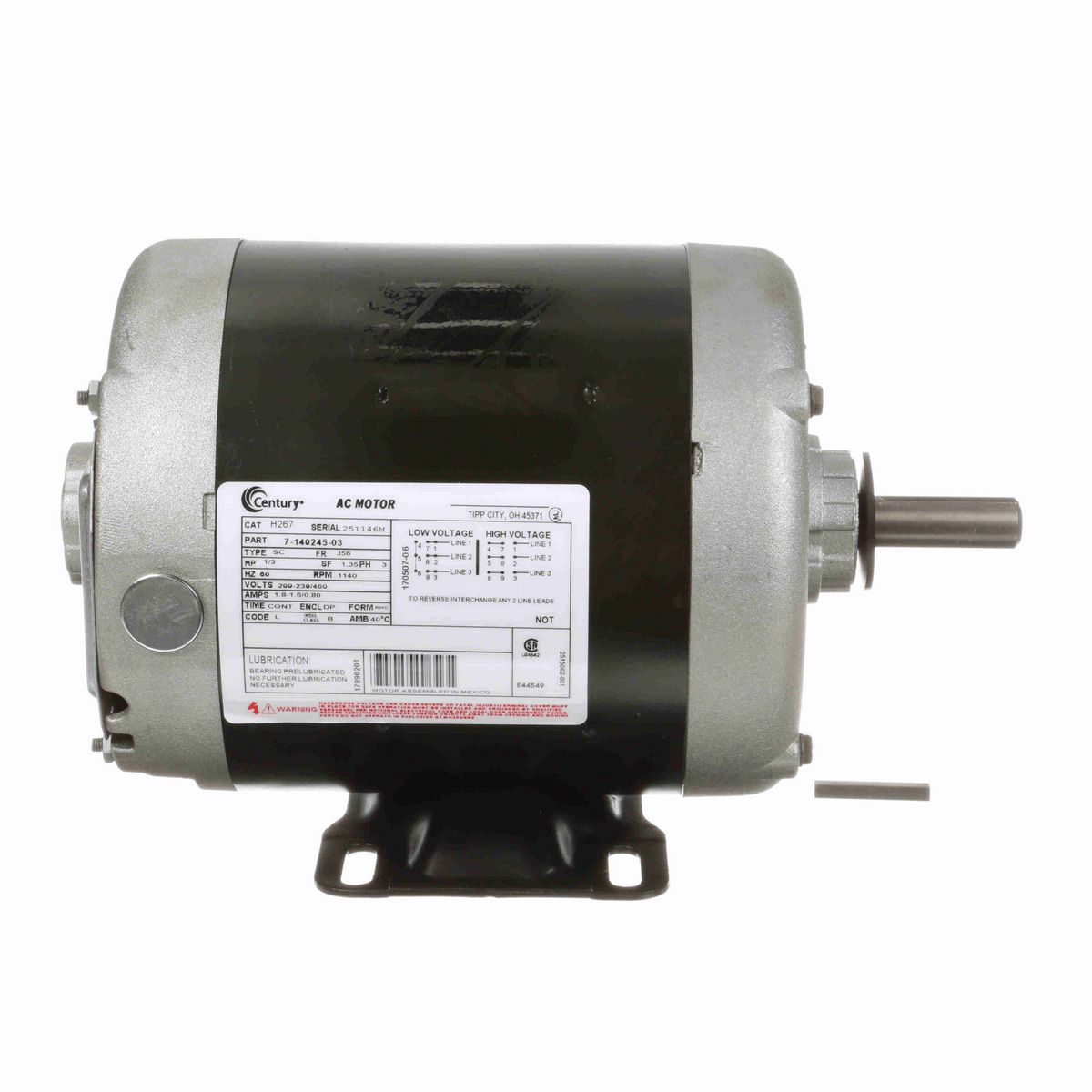 Century General Purpose Motor, 1/3 HP, 3 Ph, 60 Hz, 200-230/460 V, 1200 RPM, J56 Frame, DP - H267