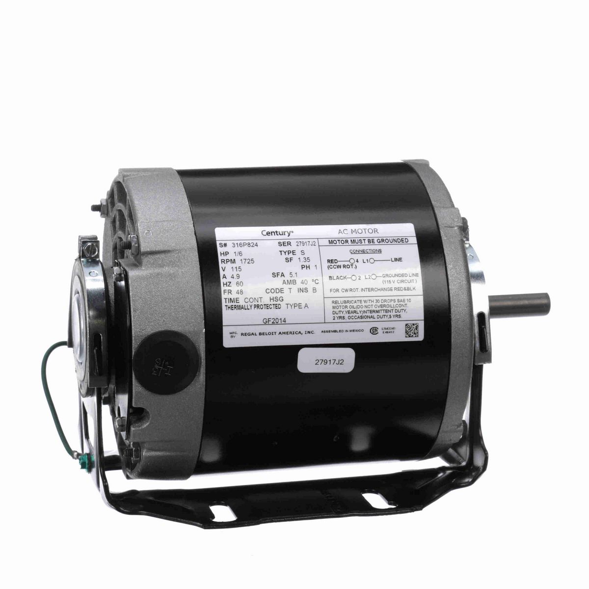 Century Fan and Blower Motor, 1/6 HP, 1 Ph, 60 Hz, 115 V, 1800 RPM, 48 Frame, OPEN - GF2014