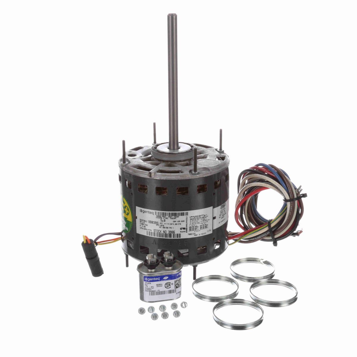 Genteq Fan and Blower Motor, 1/3 HP, 1 Ph, 60/50 Hz, 208-230 V, 1075 RPM, 3 Speed, 48 Frame, OPAO - 3986