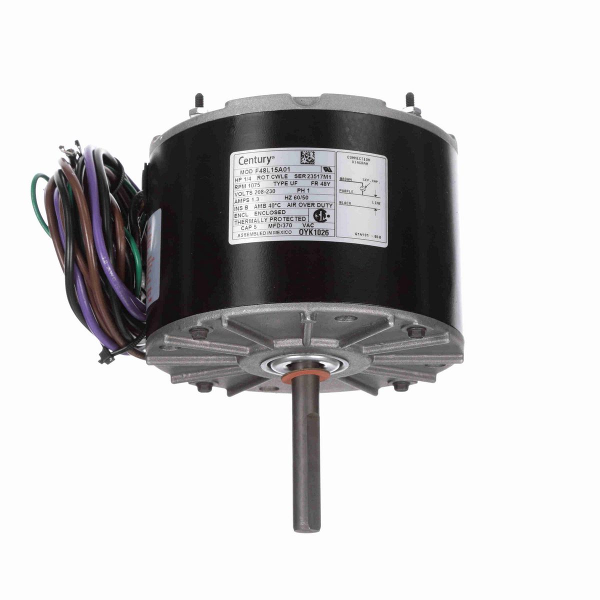 Century OEM Replacement Motor, 1/4 HP, 1 Ph, 60/50 Hz, 208-230 V, 1075 RPM, 1 Speed, 48 Frame, TEAO - OYK1026