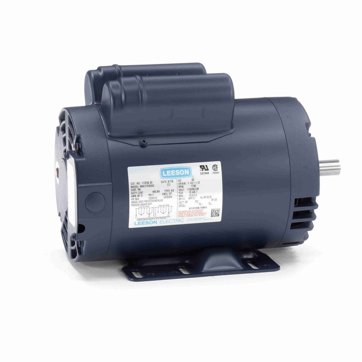 LEESON Pressure Washer Motor, 1.50 HP, 1 Ph, 60 Hz, 115/230 V, 1800 RPM, 56H Frame, DP - 113266.00
