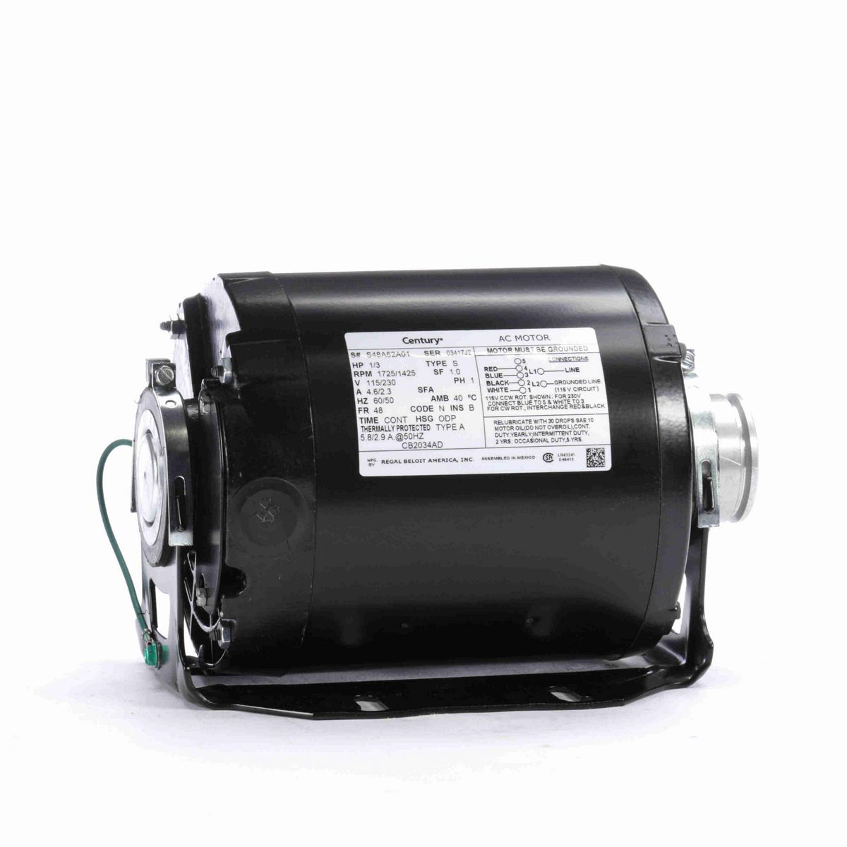Century Carbonator Pump Motor, 1/3 HP, 1 Ph, 60/50 Hz, 115/230 V, 1800 RPM, 48 Frame, ODP - CB2034AD