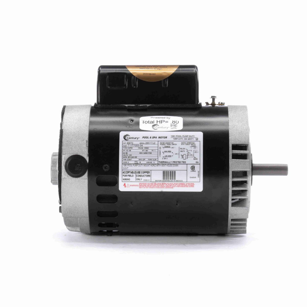 Century Pool Pump Motor, 1/2-.06 HP, 1 Ph, 60 Hz, 115 V, 3600 RPM, M56C Frame, DP - B970