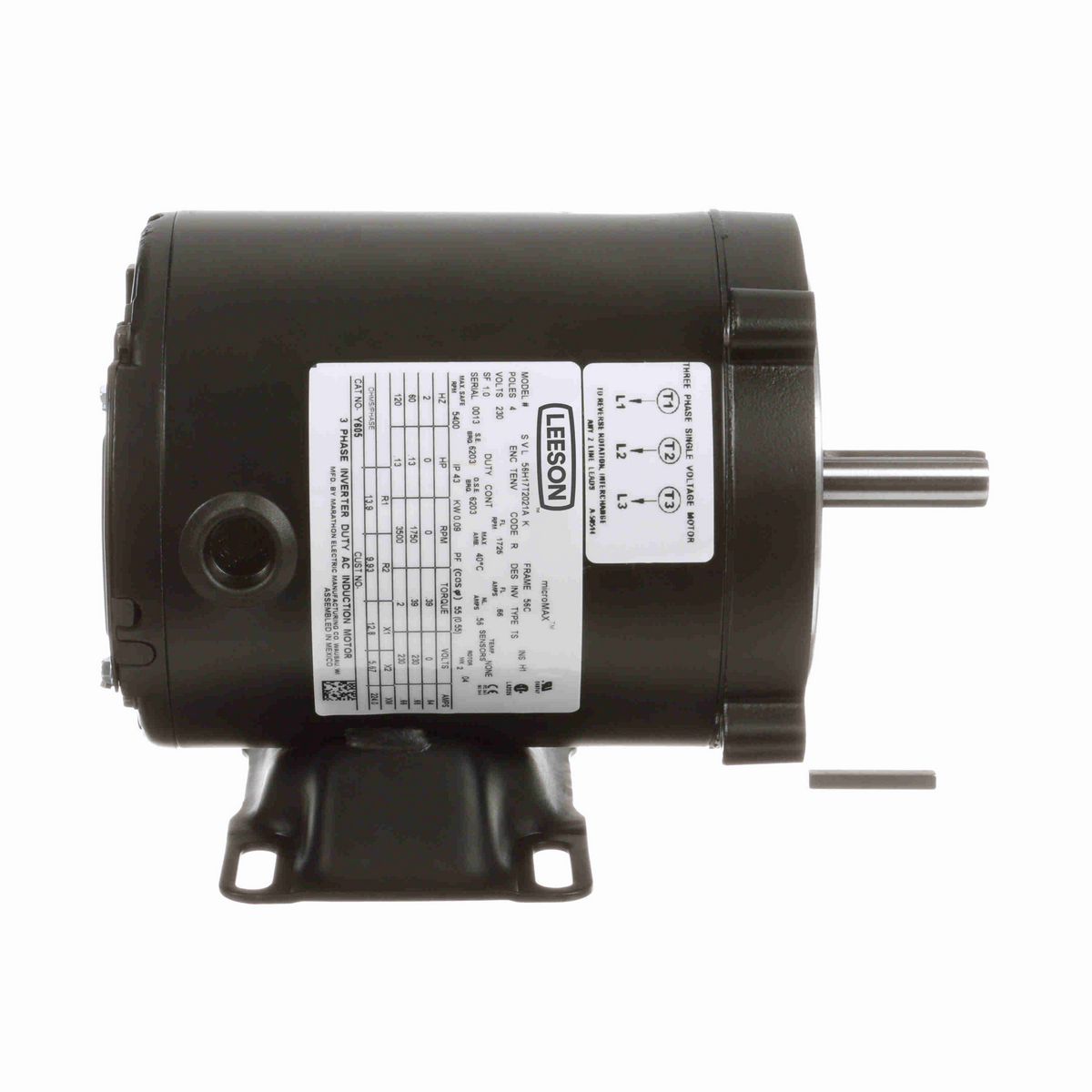 LEESON Speed Ratio Motor, 0.13 HP, 3 Ph, 60 Hz, 230 V, 1800 RPM, 56C Frame, TENV - Y605