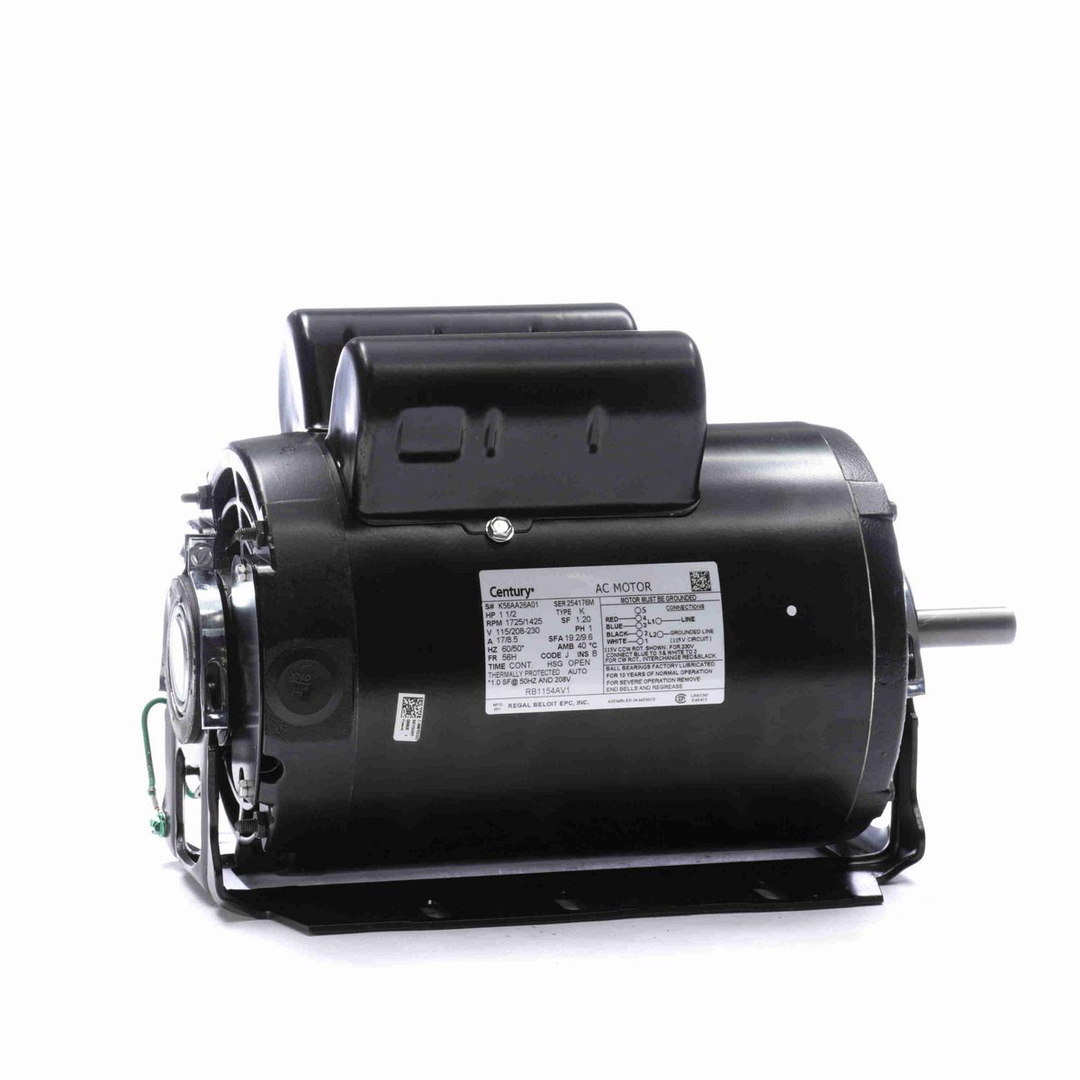 Century Fan and Blower Motor, 1 1/2 HP, 1 Ph, 60/50* Hz, 115/208-230 V, 1800 RPM, 56H Frame, OPEN - RB1154AV1