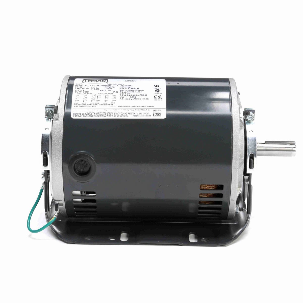 LEESON Fan and Blower Motor, 1.50 & 1 HP, 3 Ph, 60 & 50 Hz, 208-230/460 & 190/380 V, 1800 & 1500 RPM, 56 Frame, DP - G122