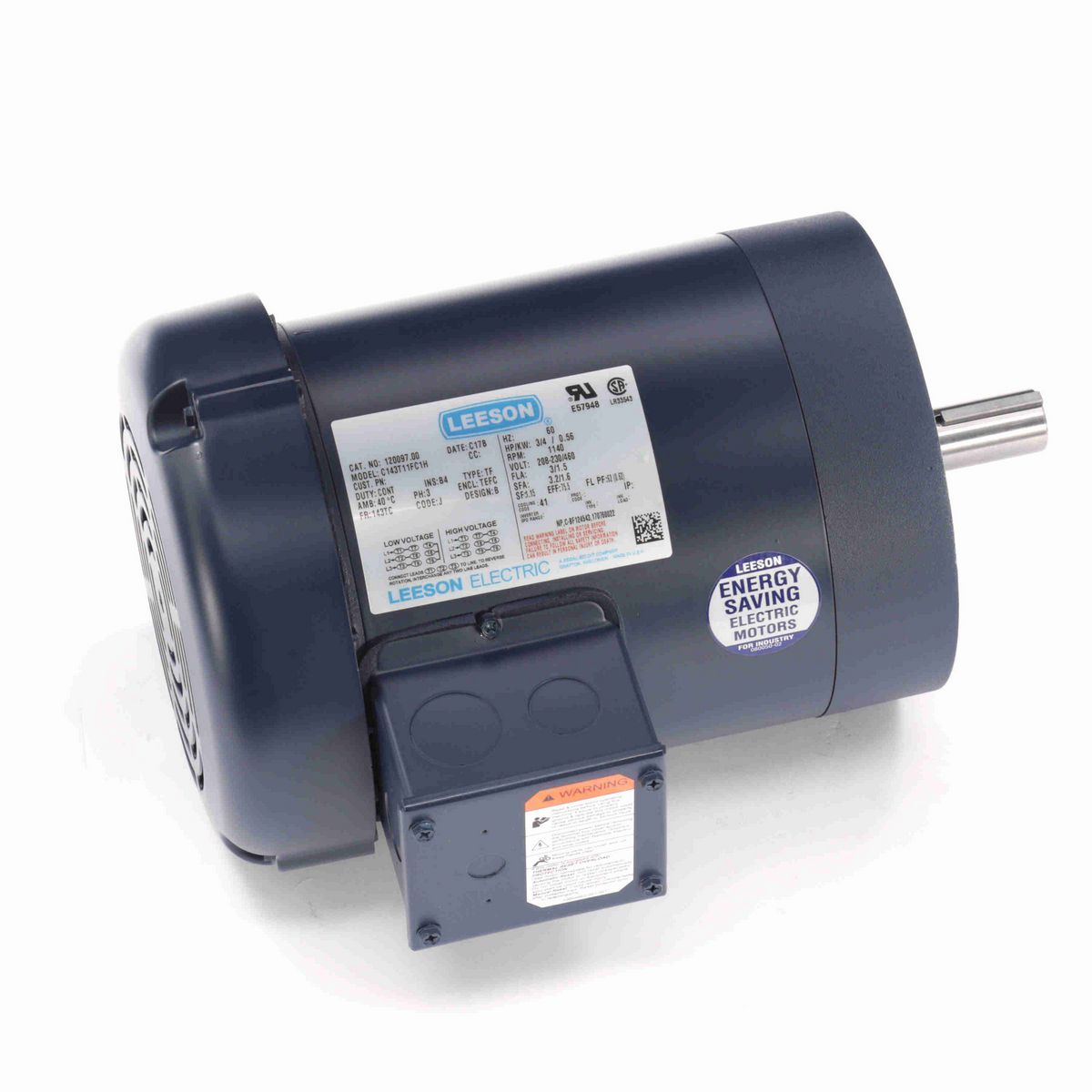 LEESON General Purpose Motor, 0.75 HP, 3 Ph, 60 Hz, 230/460 V, 1200 RPM, 143TC Frame, TEFC - 120097.00