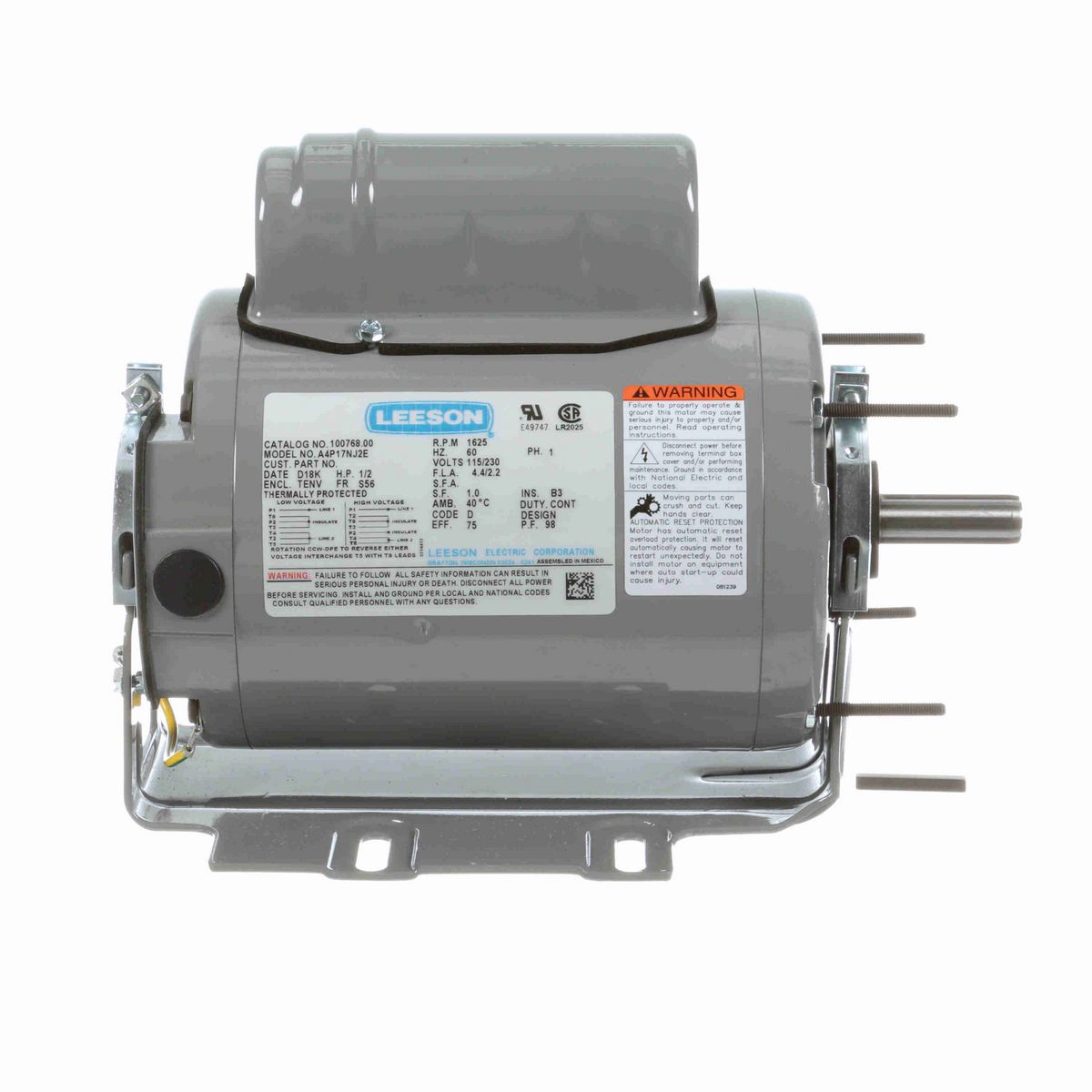 LEESON Agricultural Motor, 0.50 HP, 1 Ph, 60 Hz, 115/230 V, 1800 RPM, S56 Frame, TENV - 100768.00