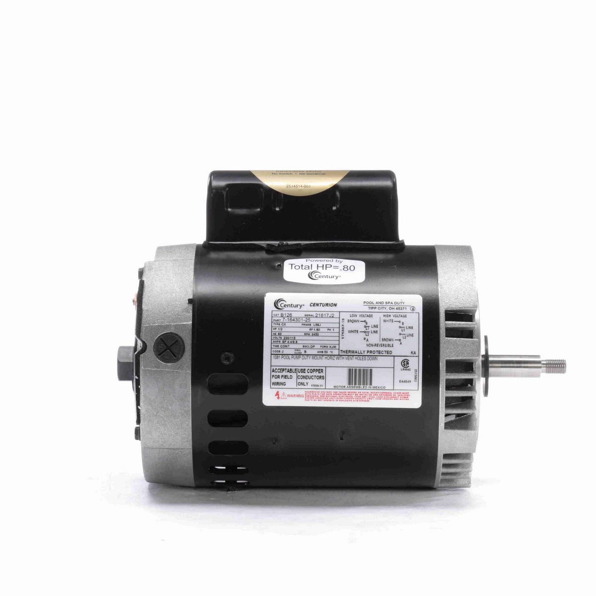 Century Pool Pump Motor, 1/2 HP, 1 Ph, 60 Hz, 230/115 V, 3600 RPM, L56J Frame, DP - B126