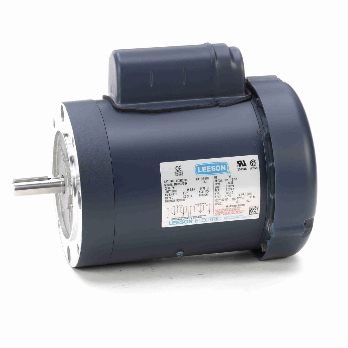 LEESON Special Voltage Motor, 0.50 HP, 1 Ph, 50 Hz, 110/220 V, 1500 RPM, 56C Frame, TEFC - 113922.00