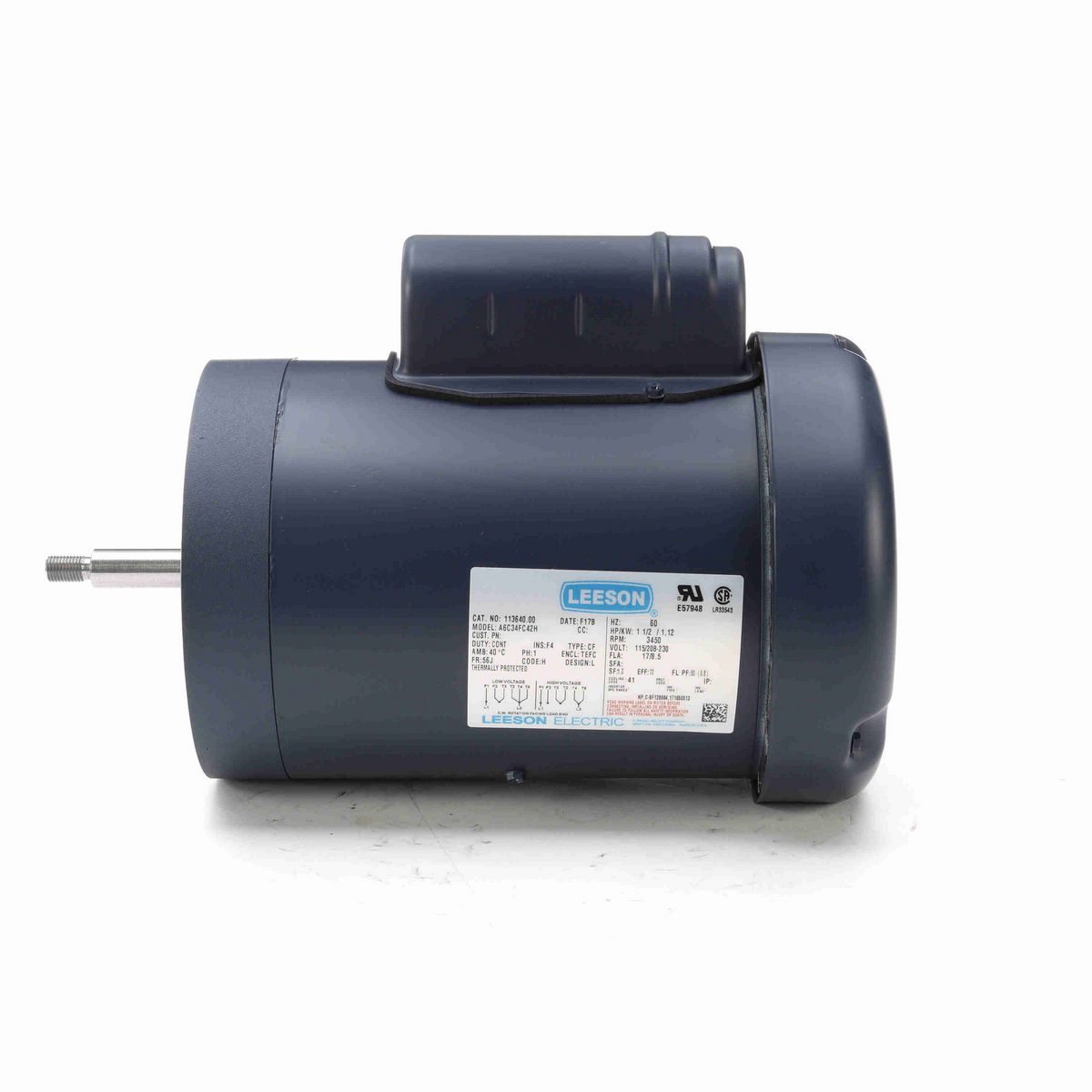LEESON Jet Pump Motor, 1.50 HP, 1 Ph, 60 Hz, 115/230 V, 3600 RPM, 56J Frame, TEFC - 113640.00