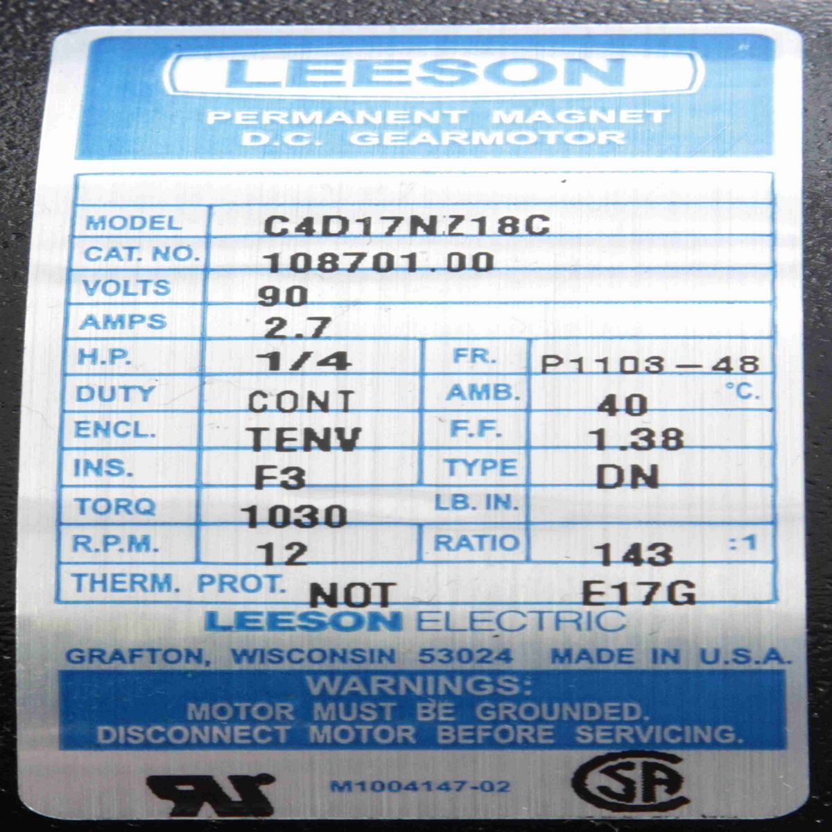 LEESON Parallel Shaft Gearmotor, 0.25 HP, 90 V, 12 RPM, 48Y Frame, TENV - 108701.00