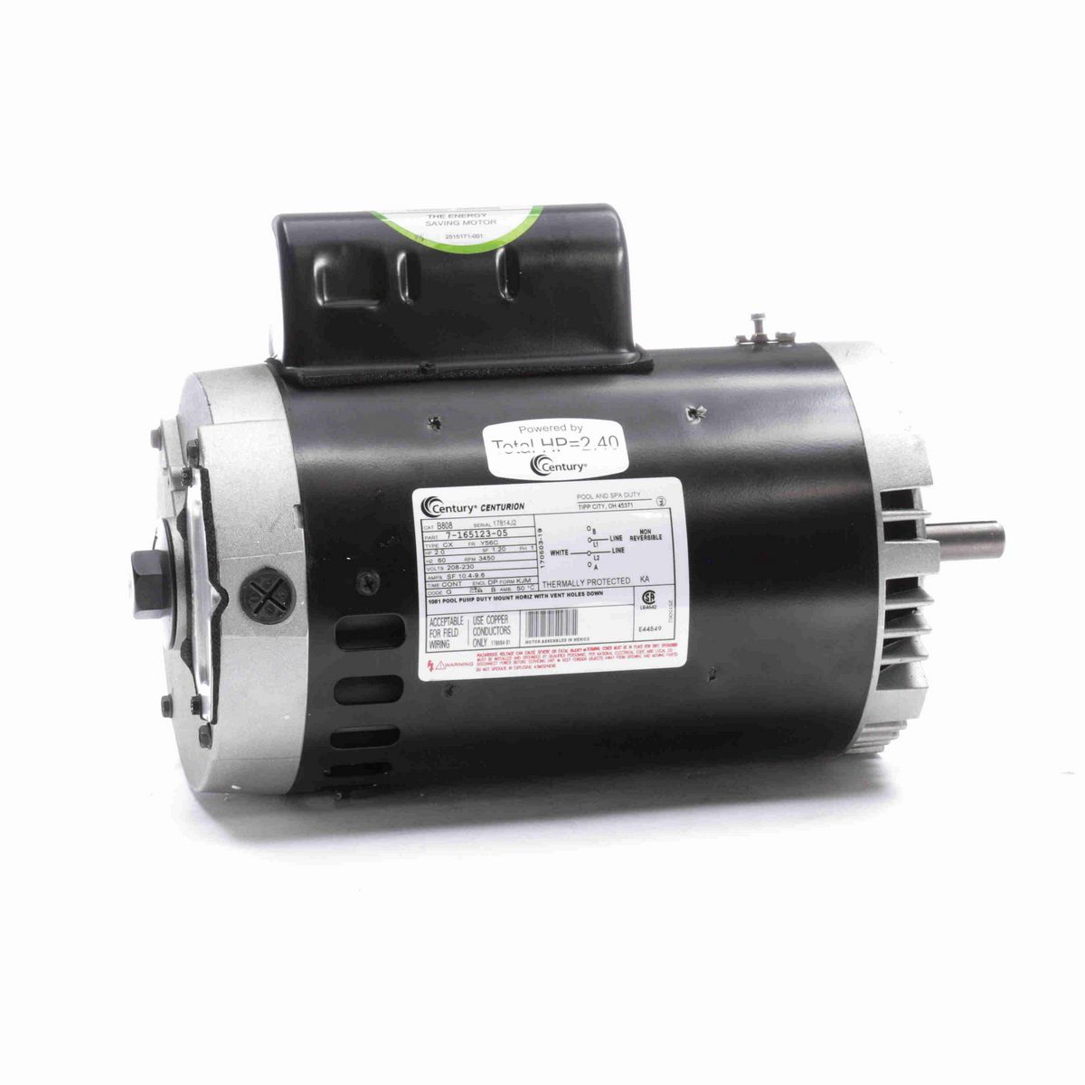Century Pool Pump Motor, 2.0 HP, 1 Ph, 60 Hz, 208-230 V, 3600 RPM, Y56C Frame, DP - B808