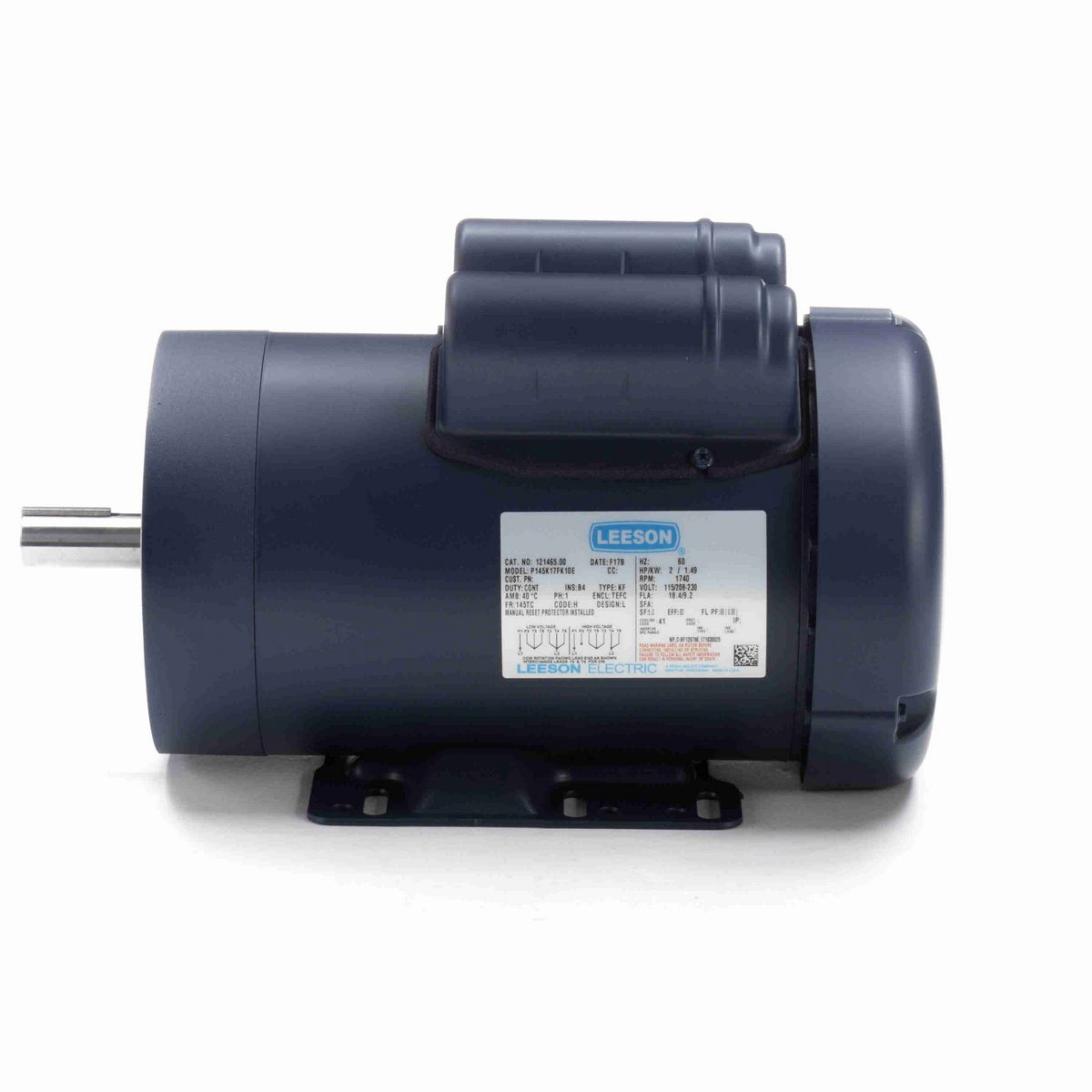LEESON General Purpose Motor, 2 HP, 1 Ph, 60 Hz, 115/230 V, 1800 RPM, 145TC Frame, TEFC - 121465.00