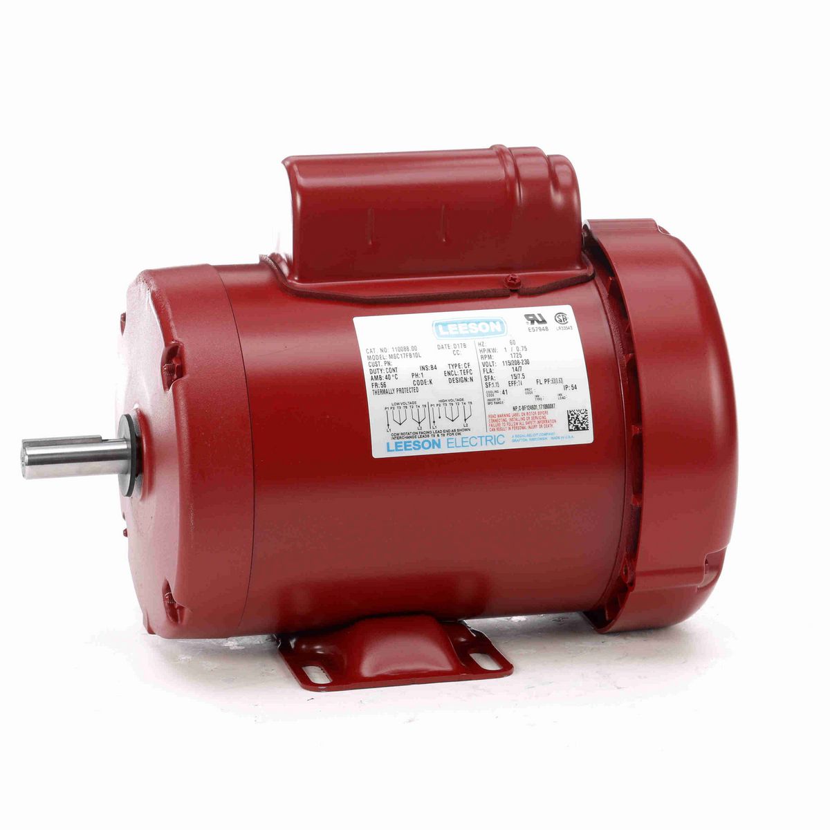 LEESON Agricultural Motor, 1 HP, 1 Ph, 60 Hz, 115/230 V, 1800 RPM, 56 Frame, TEFC - 110088.00