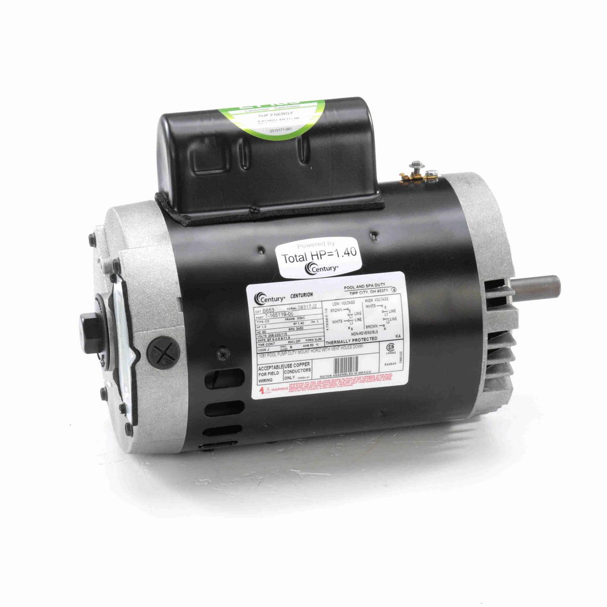 Century Pool Pump Motor, 1.0 HP, 1 Ph, 60 Hz, 208-230/115 V, 3600 RPM, X56C Frame, DP - B653
