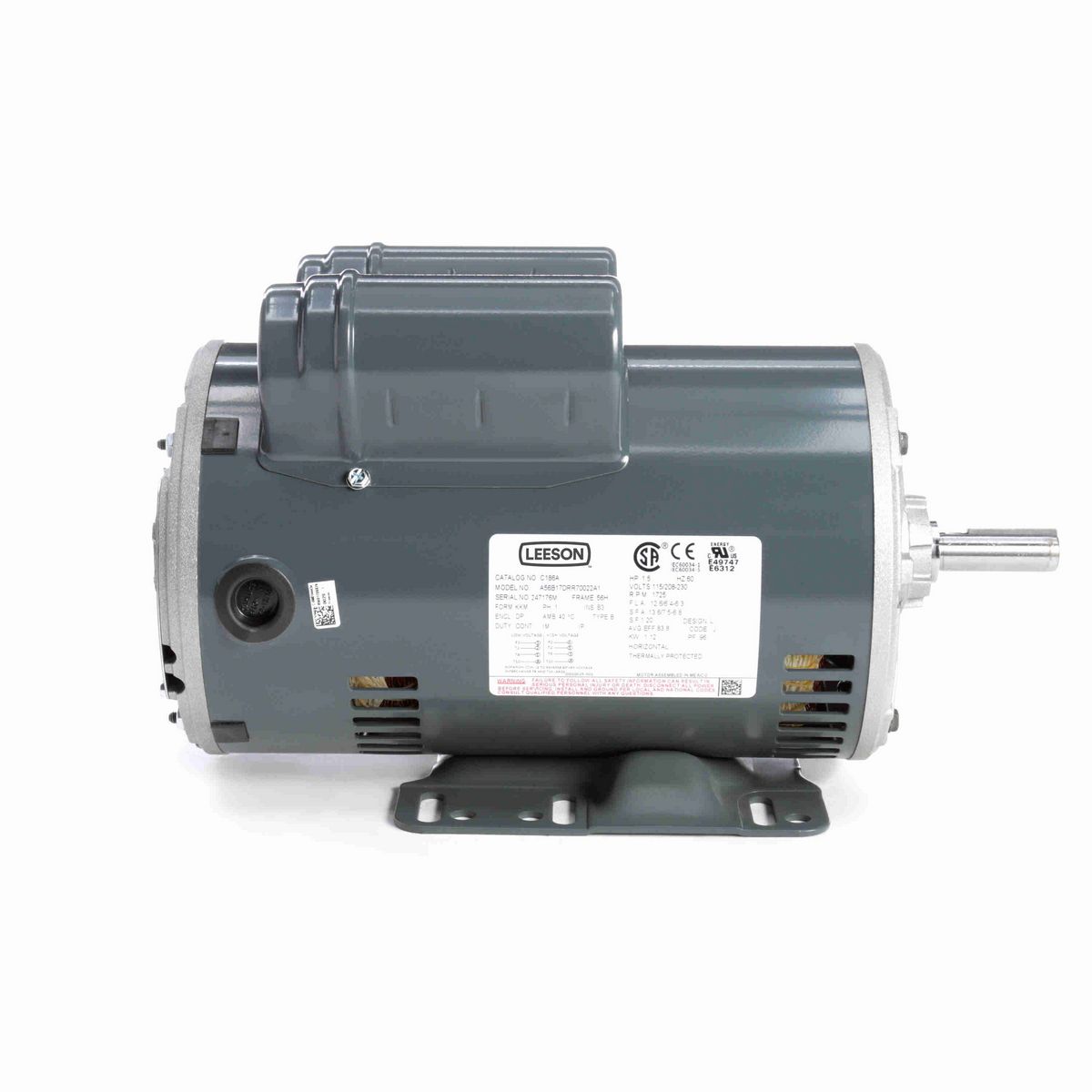 LEESON General Purpose Motor, 1.50 HP, 1 Ph, 60 Hz, 115/208-230 V, 1800 RPM, 56H Frame, DP - C186A