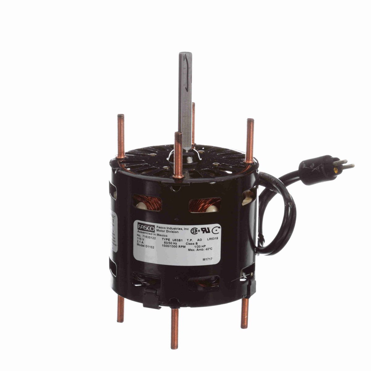 FASCO OEM Replacement Motor, 1/20 HP, 1 Ph, 60 Hz, 115 V, 1500/1300 RPM, 1 Speed, 3.3" Diameter, OAO - D1152