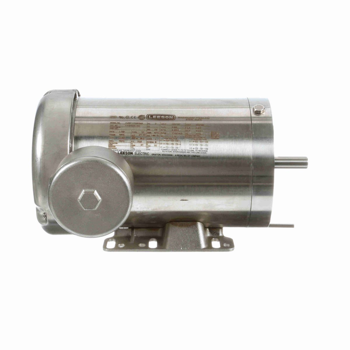 LEESON Premium Duck™ General Purpose Motor, 2 & 1.50 HP, 3 Ph, 60 & 50 Hz, 230/460 & 190/380 V, 1800 & 1500 RPM, 56HC Frame, TEFC - 119495.00
