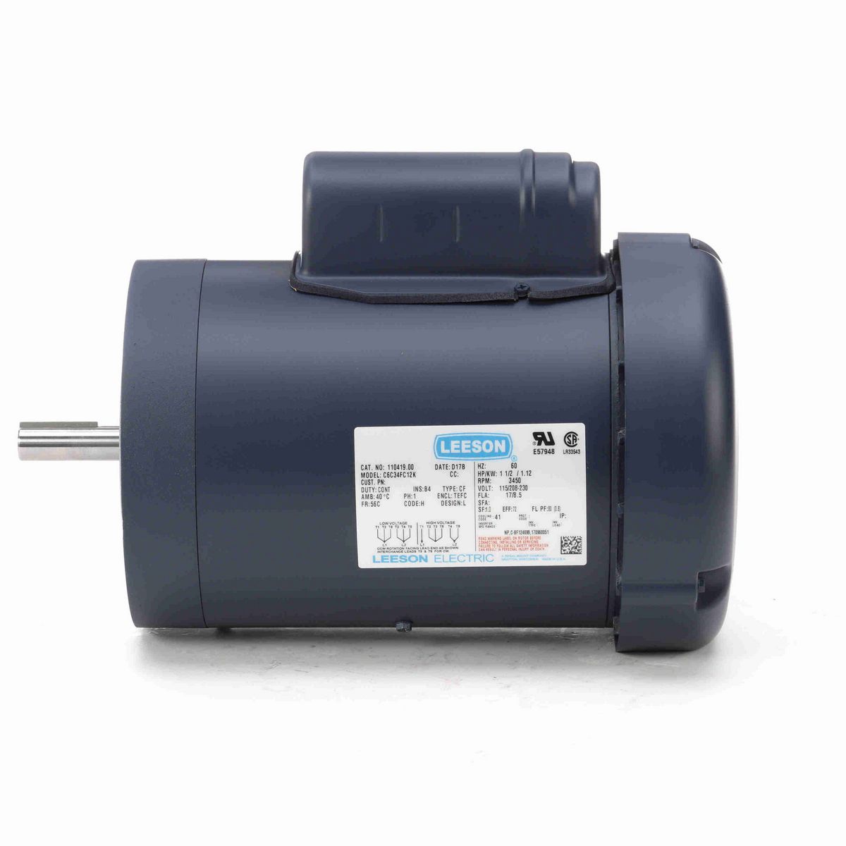 LEESON General Purpose Motor, 1.50 HP, 1 Ph, 60 Hz, 115/230 V, 3600 RPM, 56C Frame, TEFC - 110419.00