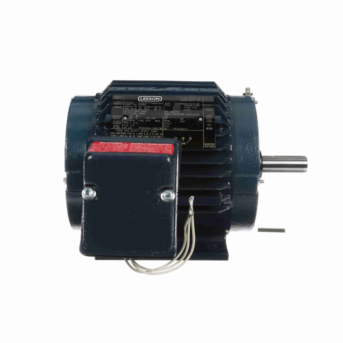 LEESON Severe Duty Motor, 2 HP, 3 Ph, 60 Hz, 575 V, 1800 RPM, 145T Frame, TENV - E668A