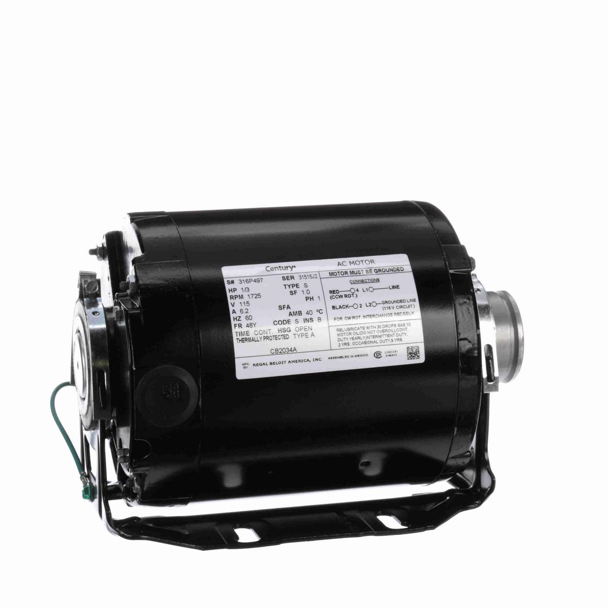 Century Carbonator Pump Motor, 1/3 HP, 1 Ph, 60 Hz, 115 V, 1800 RPM, 48Y Frame, OPEN - CB2034A