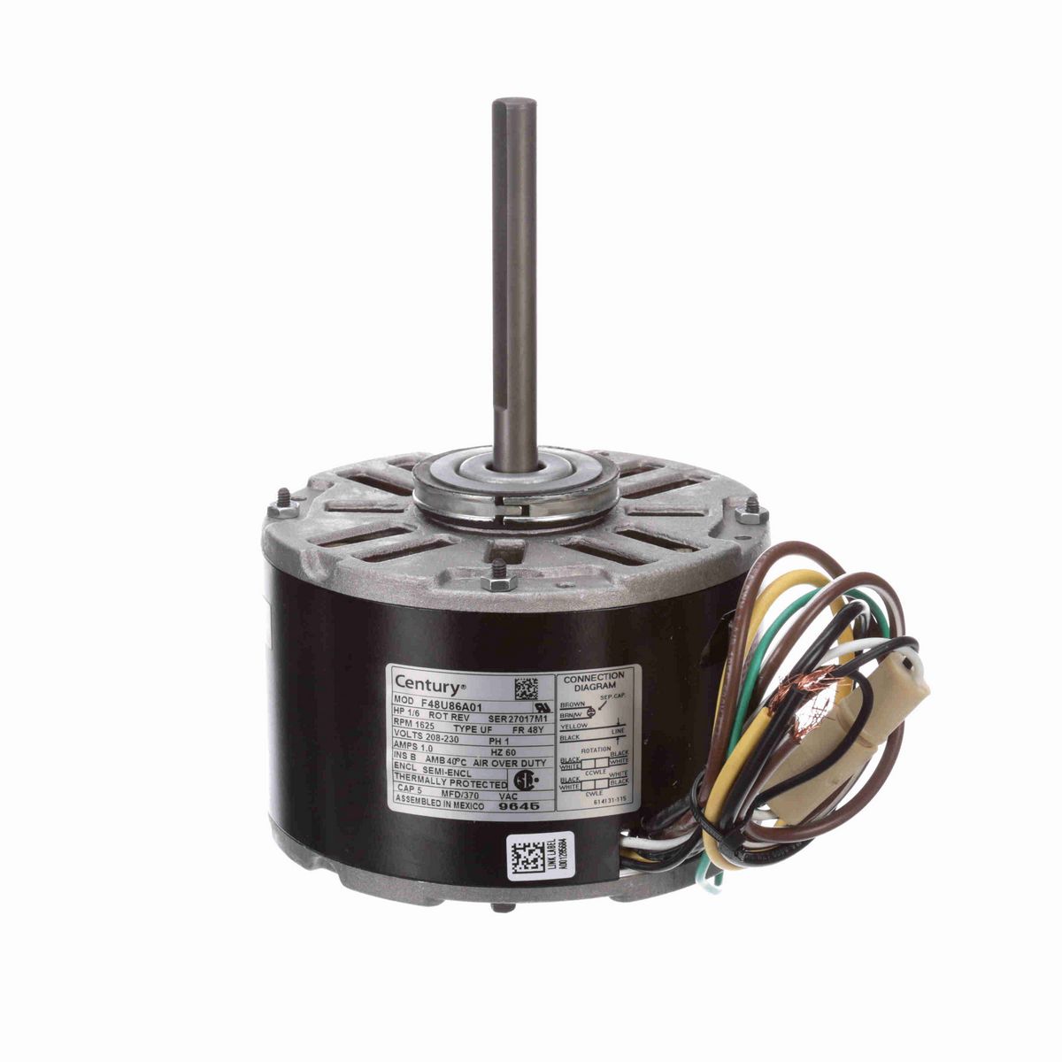 Century Fan and Blower Motor, 1/6 HP, 1 Ph, 60 Hz, 208-230 V, 1625 RPM, 1 Speed, 48 Frame, SEMI ENCL - 9645